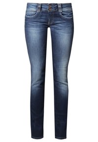 Denim skinny jeans in dark blue, featuring a faded wash, two-button front closure, and classic five-pocket design. Smooth texture.