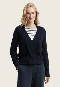 Navy knitted cardigan featuring a double-breasted design, ribbed cuffs, and textured pattern. Worn over a striped top.