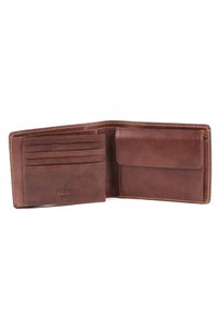 Portafoglio in pelle marrone con diversi scomparti per carte, una tasca per le monete e il nome del brand "PICARD" impresso all'interno.
