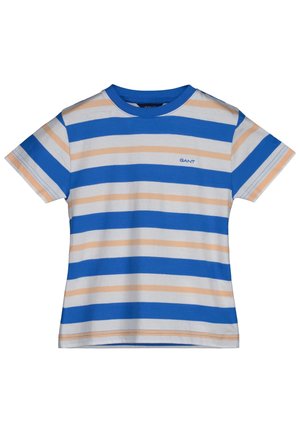 Koszulka w paski w kolorach niebieskim, pomarańczowym i białym. Materiał bawełniany, krótkie rękawy, okrągły dekolt, z małym logo na lewej piersi.