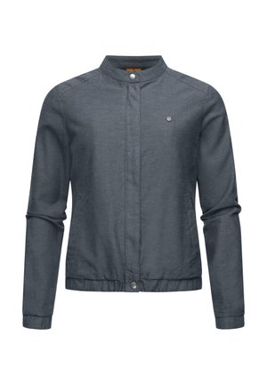 Men's dark grey jacket with a stand collar, front snap closure, elastic waistband, and side pockets. Features a subtle logo on the chest.