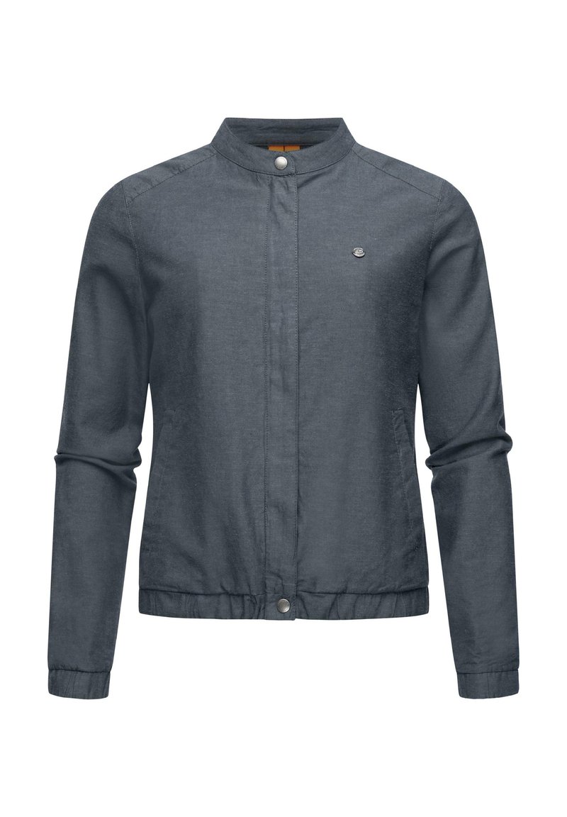 Mörkgrå herrjacka med ståkrage, framknäppning med tryckknappar, elastisk midja och sidofickor. Har en diskret logotyp på bröstet.