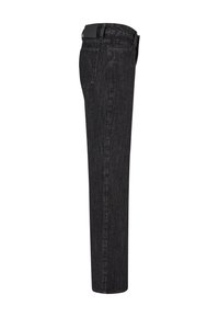 Jeans de mezclilla negra con un diseño de corte recto, que presentan una textura suave, una cintura y dos bolsillos traseros. Estilo clásico sin adornos.