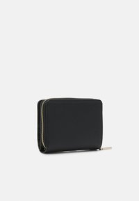 Black leather wallet with smooth texture, rectangular shape, and gold zipper detail. Compact design with no visible patterns or accents.