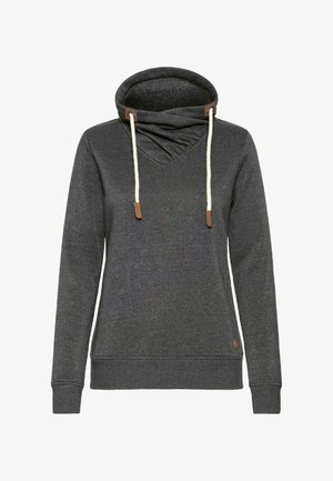 Hallituspruun kapuutsiga sweatshirt V-kaelusega, tekstuuriga kangast, nöörid nahkaktsentidega ning ribakudumisega varruka- ja alläär.