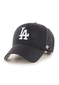 Cappellino da baseball nero con logo "LA" ricamato in bianco sul davanti. Caratterizzato da una visiera curva e cinturino regolabile, realizzato in tessuto morbido.