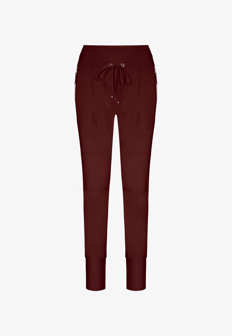 Burgunderfarbene Jogginghosen aus einem glatten Stoff, mit einem Kordelzugbund, seitlichen Taschen und schmal zulaufenden Bündchen.