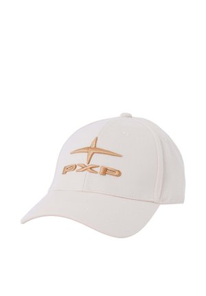 Gorra de béisbol blanca con logo beige en forma de estrella y "PXP" bordado en la parte frontal, visera curva y diseño con paneles cosidos.