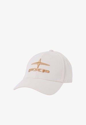 Cappello da baseball bianco con logo beige a forma di stella e "PXP" ricamato sul davanti, visiera curva e design con pannelli cuciti.