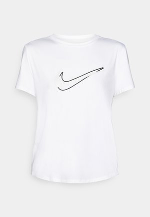 Bijela pamučna majica s crnim Nike swoosh logotipom na prednjoj strani. Kratki rukavi i okrugli izrez. Glatka tekstura i regularan fit.