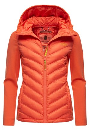 Bright orange jacket with a quilted body and solid sleeves. Features a hood, front zipper, and contrasting zippers. Logo on chest.
