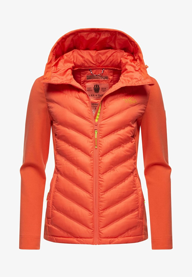 Bright orange jacket with a quilted body and solid sleeves. Features a hood, front zipper, and contrasting zippers. Logo on chest.