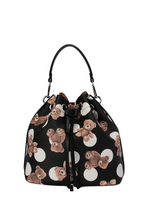 Borsa a secchiello nera con coulisse, decorata con orsacchiotti marroni e grandi pois bianchi, e un unico manico nero.