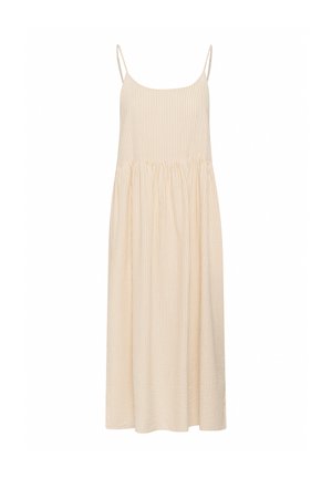 Svijetlo žuta i bijela prugasta ljetna haljina s tanjim naramenicama, okruglim dekolteom i labavim, naboranim suknjom. Glatka tekstura tkanine.