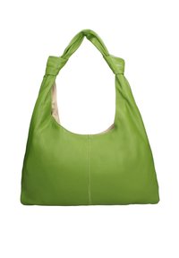 Sac hobo en cuir vert avec une texture lisse, anse nouée et intérieur beige doux. Présente un design minimaliste avec une seule couture à l'avant.
