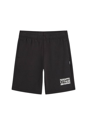 Mustad puuvillased lühikesed püksid elastse vöökohaga, küljetaskutega ja valge logomärgiga vasakul esiküljel. Sile tekstuur.