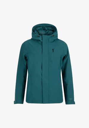 Giacca a vento impermeabile color verde acqua con zip frontale, tasca sul petto con zip e regolazione del cappuccio, progettata per l'uso all'aperto.
