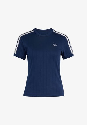 T-shirt de sport bleu marine à manches courtes avec trois bandes blanches sur les épaules et petit logo Adidas trefoil blanc sur la poitrine.