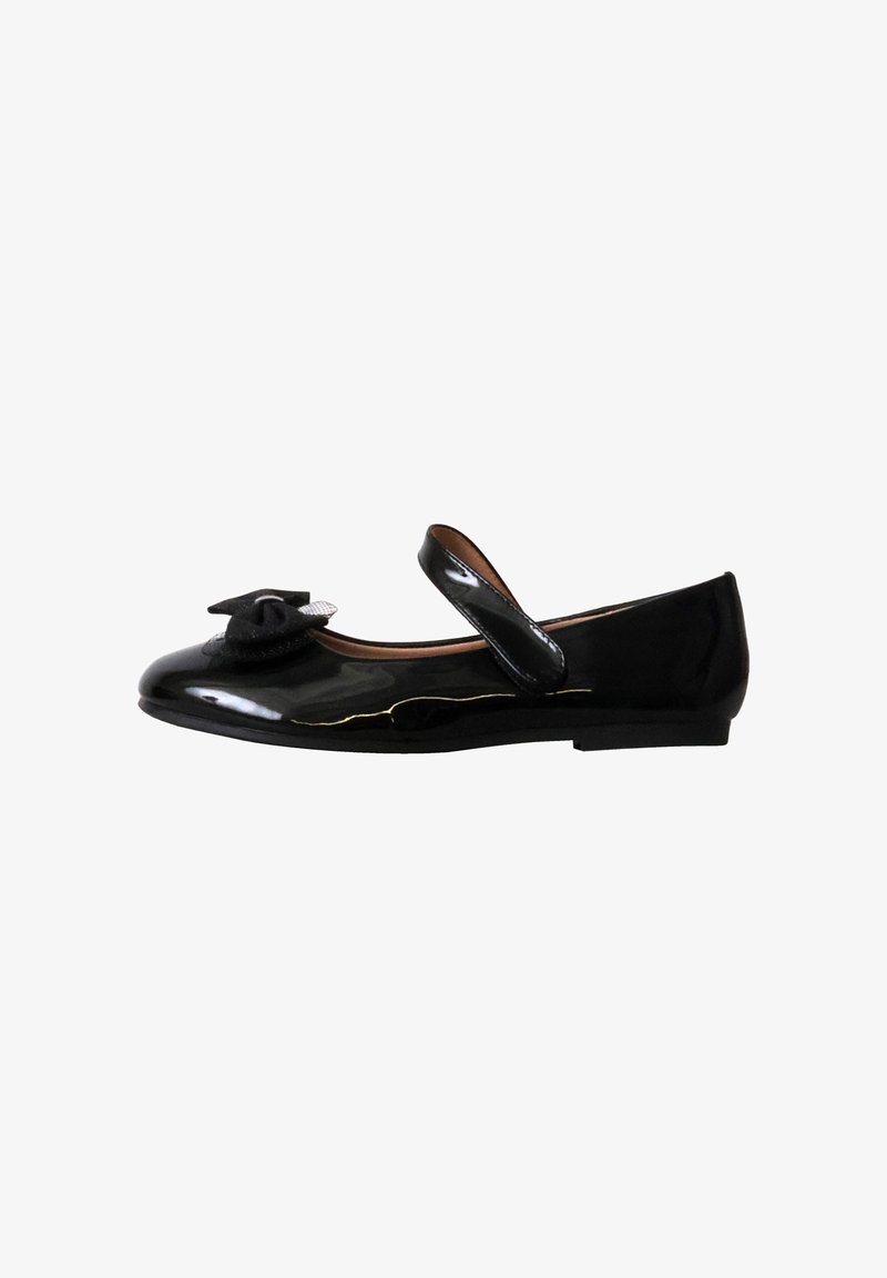 Chaussure Mary Jane noire brillante avec un nœud à l'avant et une bride unique sur le cou-de-pied, semelle plate et bout rond.