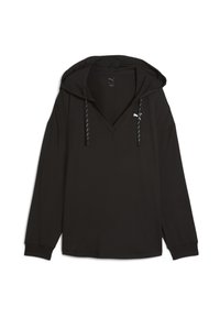 Sudadera negra con diseño de escote en V, mangas largas y cordones ajustables. Presenta un pequeño logo blanco en el pecho y una tela suave y texturizada.
