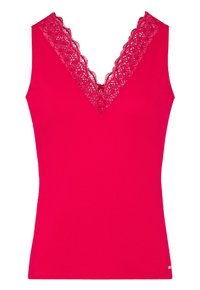 Fuchsia ribbet tanktop med dyb V-hals, prydet med en delikat blondertrim langs halsudskæringen. Ærmeløs design med tætsiddende pasform.