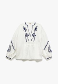 Hvid tekstureret bluse med marineblå broderede blomsterdesigns langs udskæringen og ærmerne. Løs pasform med puffede ærmer.