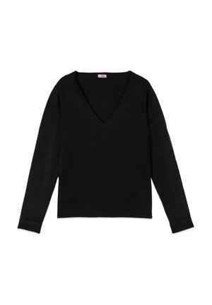 Schwarzer, langärmeliger V-Ausschnitt-Pullover mit gerippten Bündchen und Saum, flach auf einem weißen Hintergrund liegend.