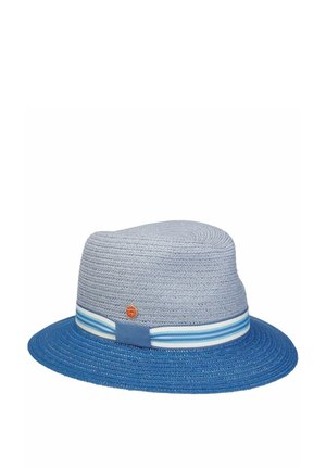Light blue woven fedora with a darker blue brim and a blue and white striped ribbon around the base.
