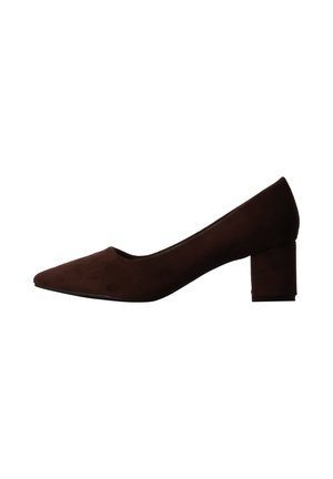 Escarpin femme en daim marron foncé avec un bout pointu et un petit talon bloc, présenté de profil sur fond blanc.