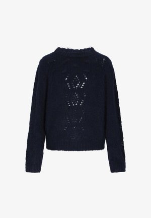 Suéter de punto azul marino con un diseño cropped, que presenta intrincados patrones de calado en la parte posterior y un cuello redondo.