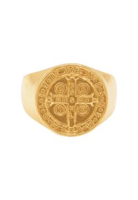Bague sigillaire en or présentant un design circulaire avec une croix en relief et des inscriptions latines, texture lisse et finition polie.