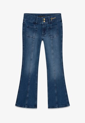 Dunkelblaue ausgestellte Jeans mit vorderen aufgesetzten Taschen, doppeltem Knopfverschluss und goldgesticktem "Guess"-Logo am Bund.