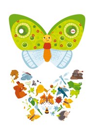 Colorful, cartoon-style butterfly with green patterned wings, orange body, and a smiling face. Surrounding animals include squirrels, frogs, and insects.