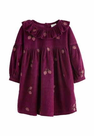 Robe en velours côtelé bordeaux avec des détails de fraise brodés, encolure froncée et longues manches ballon. Style de jupe évasée.
