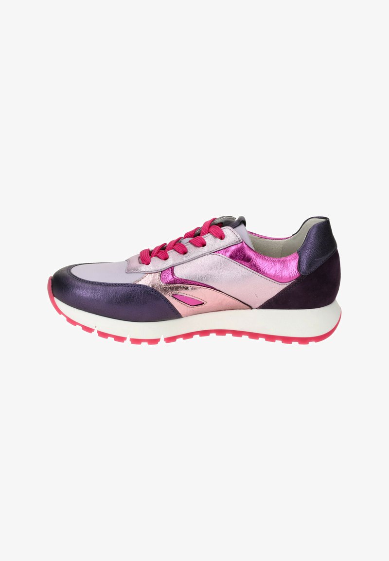 Multicolored athletic shoe featuring a mix of purple, pink, and silver materials; smooth texture with contrasting rubber sole and laces.