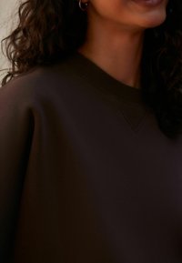 Dark brown sweatshirt with a crew neckline, featuring a smooth texture and a subtle stitching detail along the shoulder and neck.