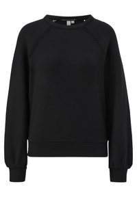 Sweat-shirt noir à manches longues avec encolure ronde et détail décoratif à œillets le long des coutures raglan.
