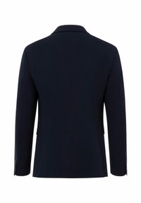 Marineblauer Blazer mit Revers, strukturierten Schultern und einem einzelnen Rückenschlitz. Aus glattem Stoff gefertigt und mit zwei Seitentaschen ausgestattet.