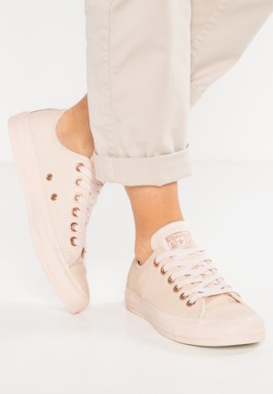 Voeten met lichtbeige lage canvas sneakers met roségouden veterogen en beige opgerolde broekspijpen tegen een witte achtergrond.