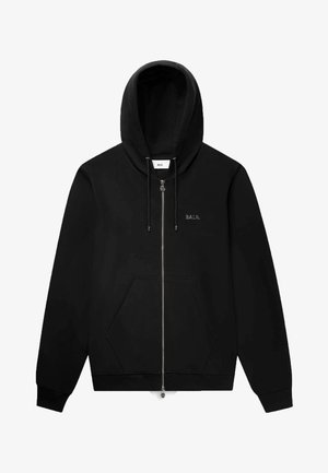 Sudadera negra con cremallera hecha de algodón suave. Cuenta con capucha forrada, bolsillos frontales y logo bordado. Textura suave con herrajes de cremallera plateados.