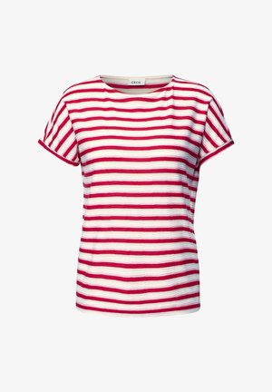 T-shirt à manches courtes rayé rouge et blanc avec un col rond et un tissu texturé. Étiquette de la marque "CECIL" située au niveau du cou.