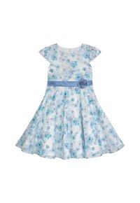 Blaues Blumenkleid mit kurzen Kappärmeln, Blumenmuster, eng anliegendem Oberteil, ausgestelltem Rock und einem blauen Satinbund mit Rosenakzent.