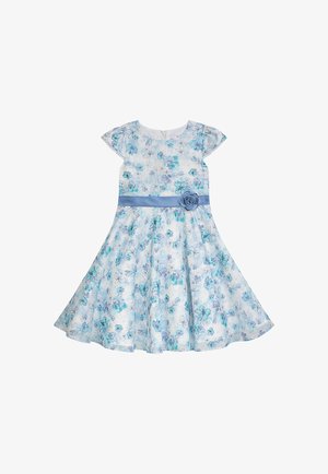 Blaues Blumenkleid mit kurzen Kappärmeln, Blumenmuster, eng anliegendem Oberteil, ausgestelltem Rock und einem blauen Satinbund mit Rosenakzent.