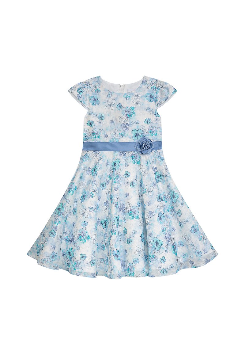 Blaues Blumenkleid mit kurzen Kappärmeln, Blumenmuster, eng anliegendem Oberteil, ausgestelltem Rock und einem blauen Satinbund mit Rosenakzent.