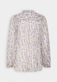 Blouse à manches longues en tissu léger avec un motif floral pastel. Dotée d'un col pointu et de plis décoratifs au dos.