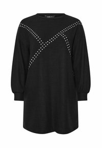 Tunic nera a maniche lunghe con scollo rotondo, caratterizzata da un motivo di borchie argentate che formano una 'X' sul petto e sulle maniche.