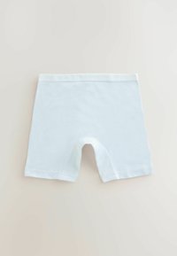 Helle blaue Baumwollshorts mit glatter Textur, ausgestattet mit einem breiten elastischen Bund. Entworfen in mittellanger Beinlänge und mit geradem Schnitt.