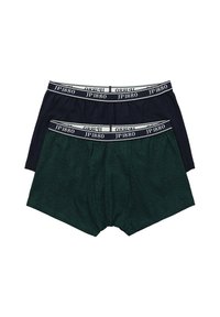 Deux paires de boxers pour hommes : une en bleu marine et l'autre en vert foncé avec un motif en chevrons. Les deux présentent des ceintures élastiques avec logo.