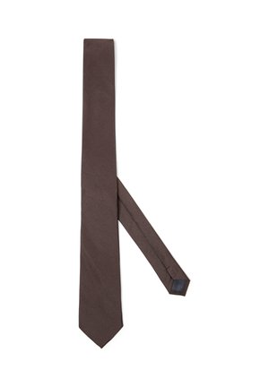 Dark brown men's necktie laid flat with the narrow end tucked under the wider front on a white background.