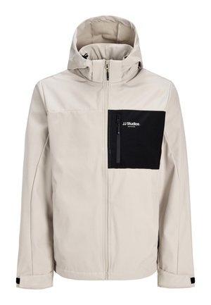 Beež kapuutsiga jope, ees täies pikkuses lukk, must rinnatasku lukuga ja taskul "JJ Studios" logo.